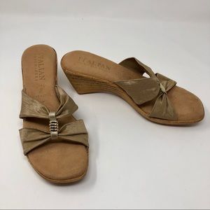 Italian shoemakers tan gold wedge sandals size 8.5